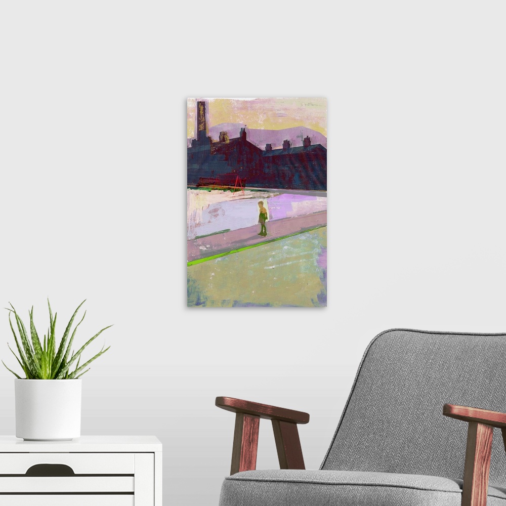 A modern room featuring Originally acrylics on paper.