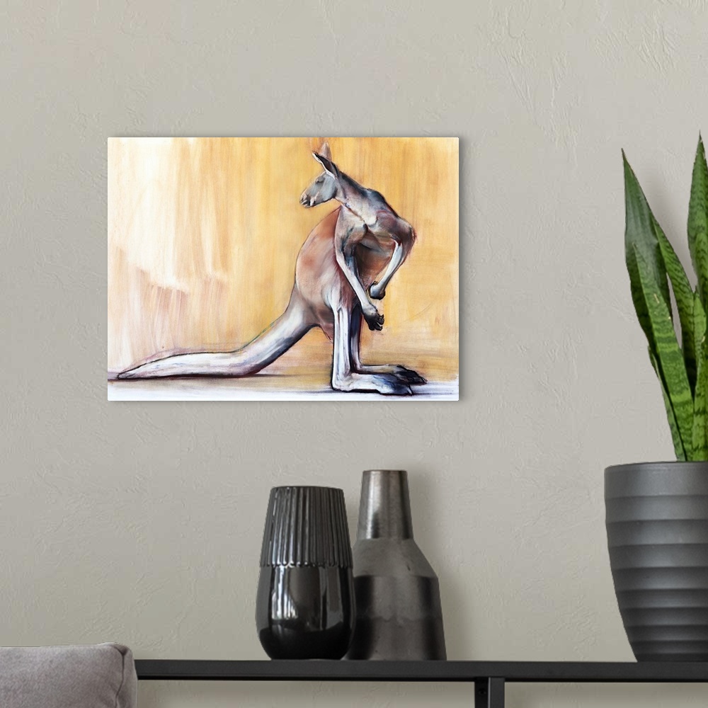A modern room featuring Big Red (Kangaroo), 2014, originally pastel and charcoal on paper.