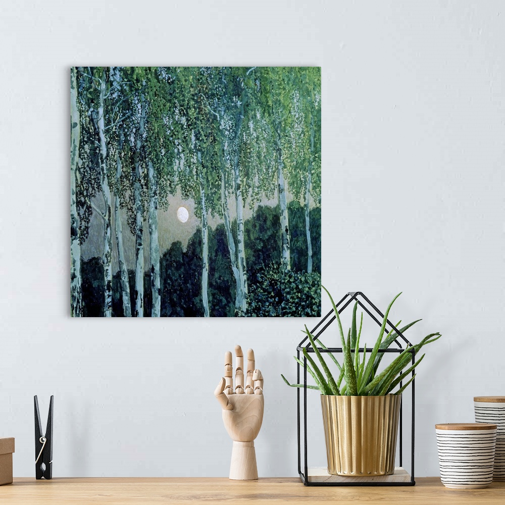 A bohemian room featuring Oil painting of tall trees in forest with tree tops in the background.  The moon is positioned be...