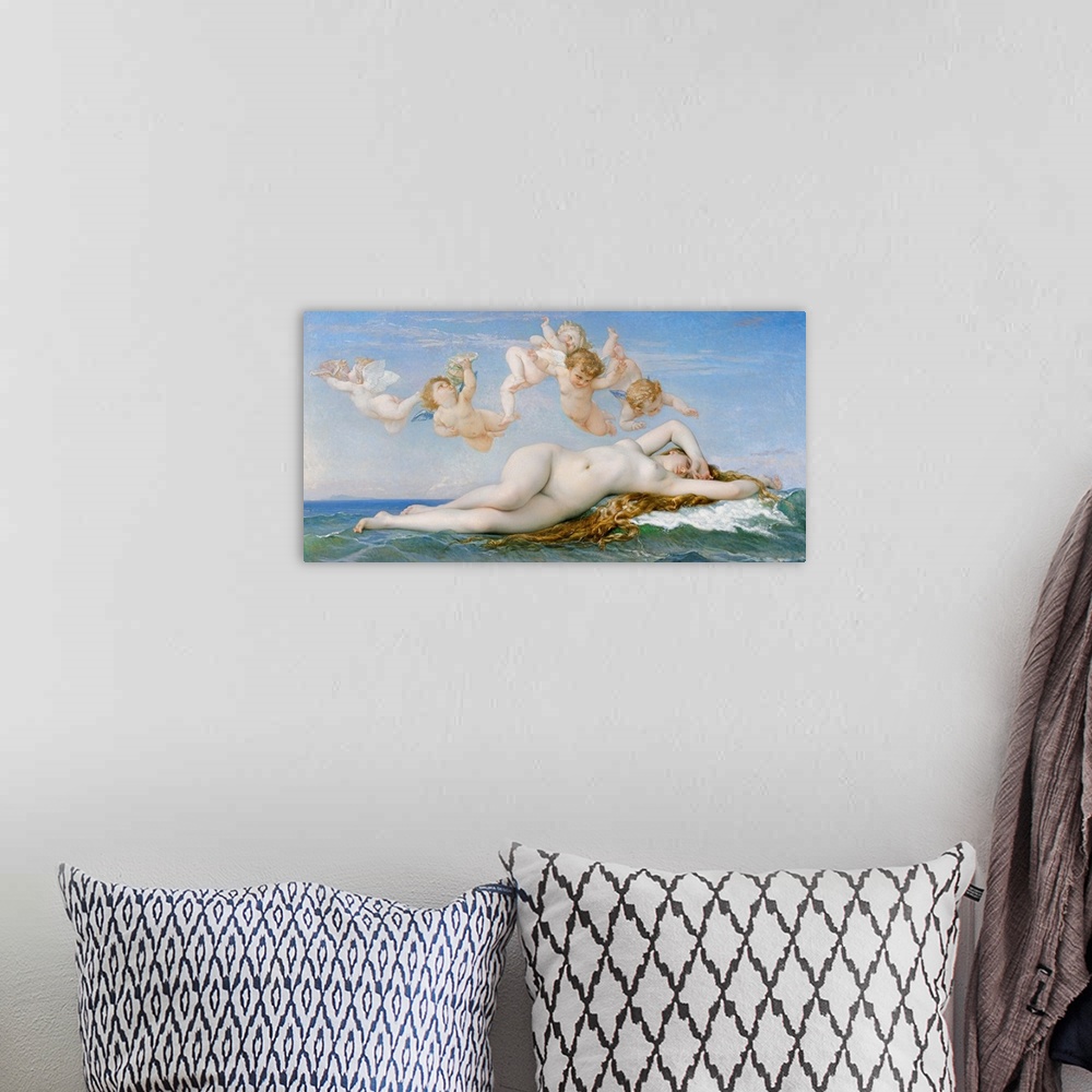 A bohemian room featuring Painting of nude woman lying on waves in the ocean with five small angel cherubs above her in a c...