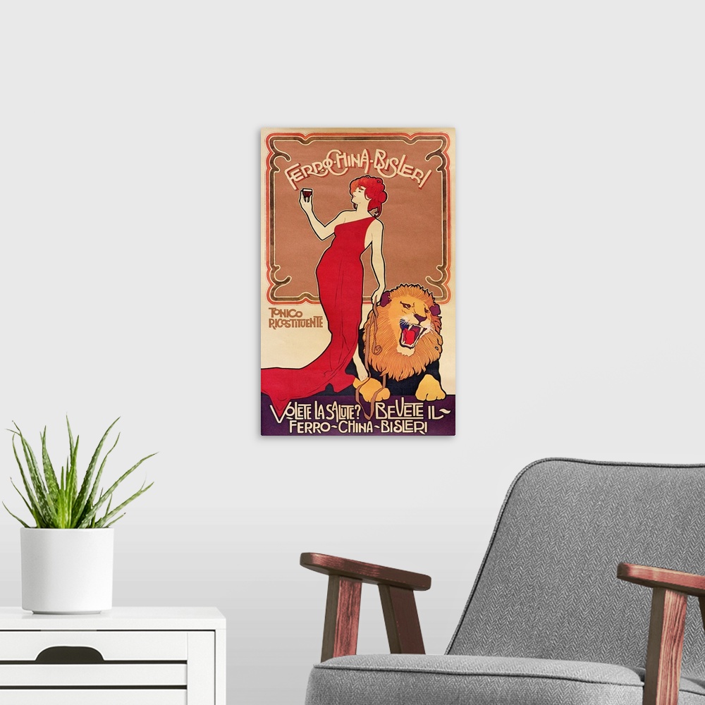 A modern room featuring BAL130574 Poster advertising 'Bislieri Liqueur' 1904 (litho); Private Collection;  out of copyrig...