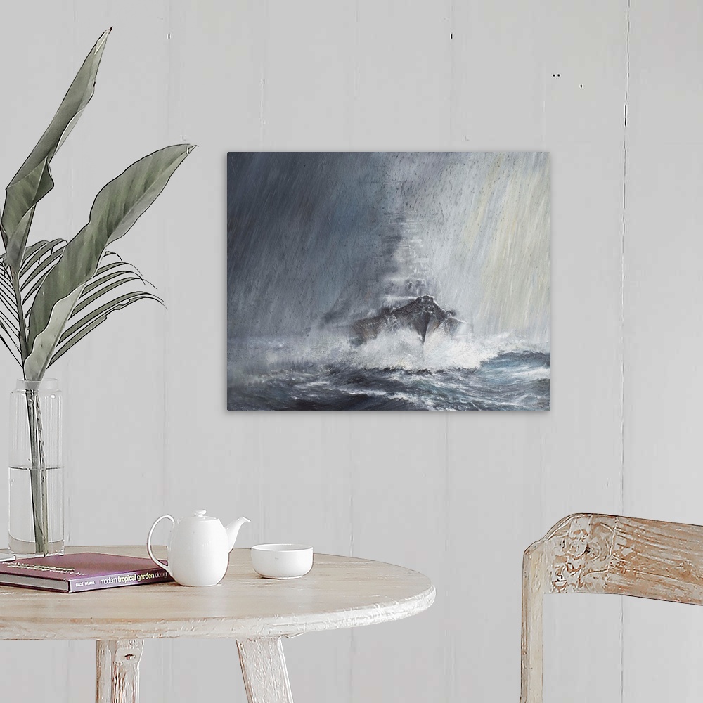 A farmhouse room featuring Contemporary painting of a military ship on rough seas.