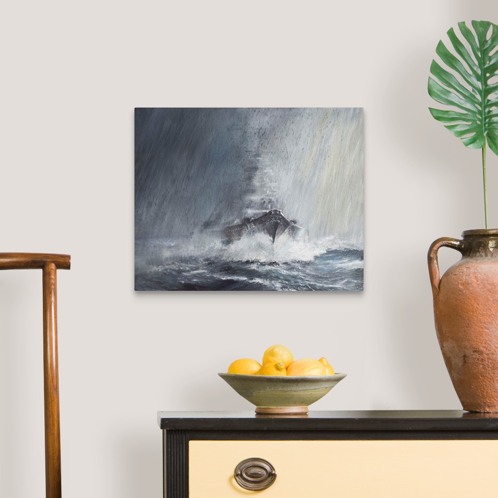 A traditional room featuring Contemporary painting of a military ship on rough seas.