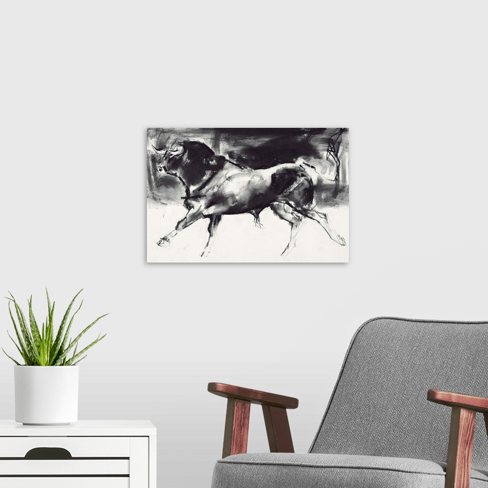 A modern room featuring Contemporary painting of a large bull running.