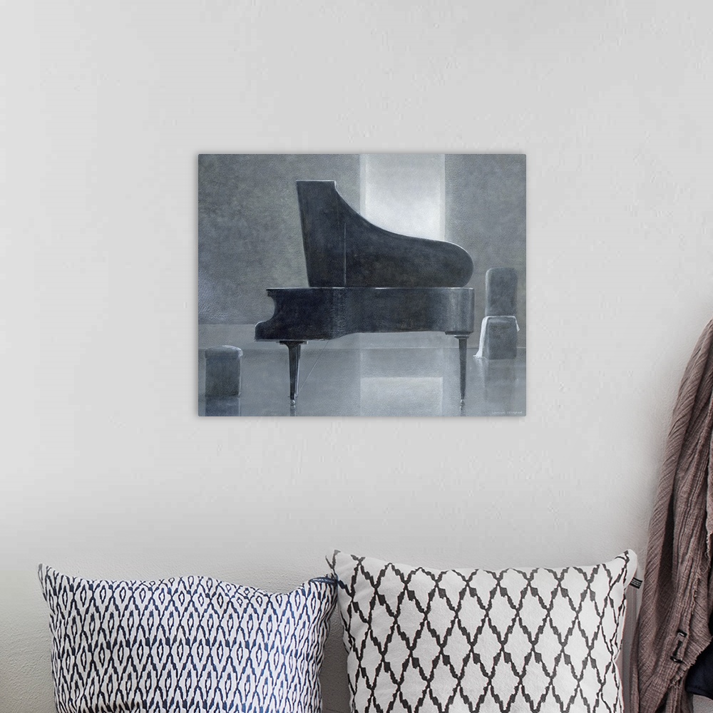 A bohemian room featuring This piece of contemporary artwork shows a grand piano from the side sitting in an almost bare room.