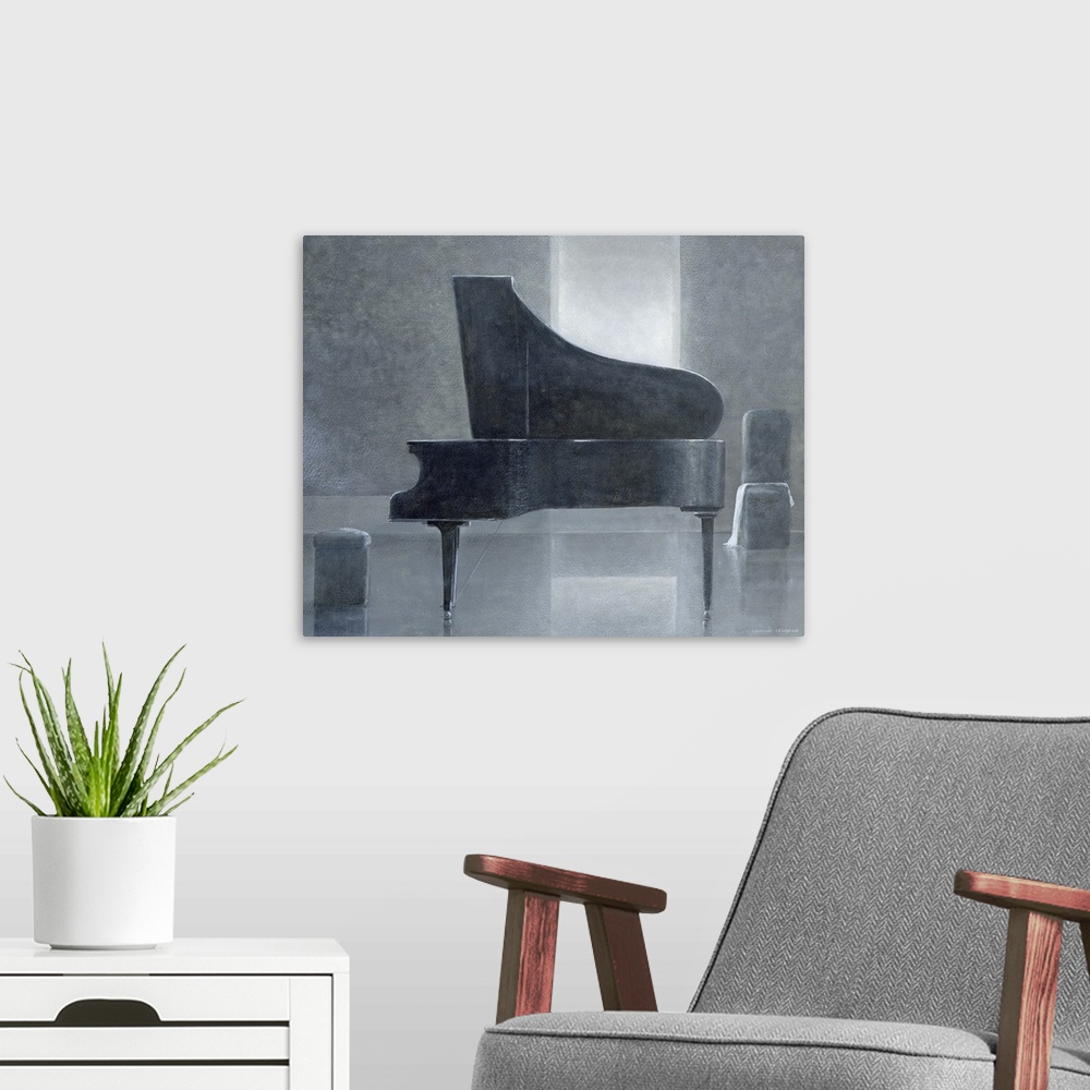 A modern room featuring This piece of contemporary artwork shows a grand piano from the side sitting in an almost bare room.