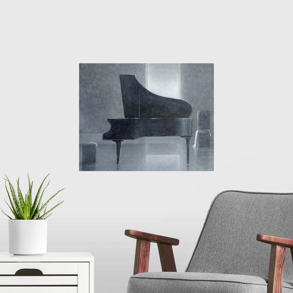 A modern room featuring This piece of contemporary artwork shows a grand piano from the side sitting in an almost bare room.
