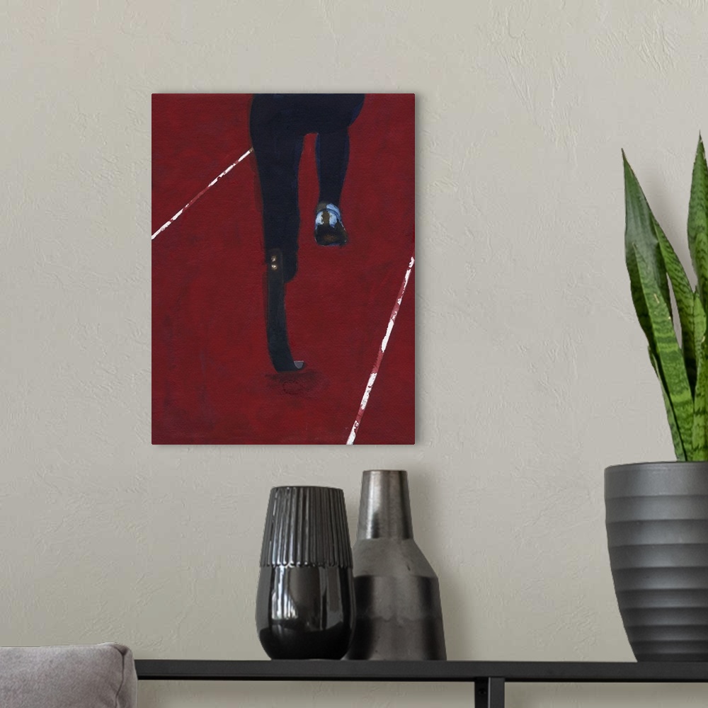 A modern room featuring Contemporary figurative art of a runner with a prosthetic leg.