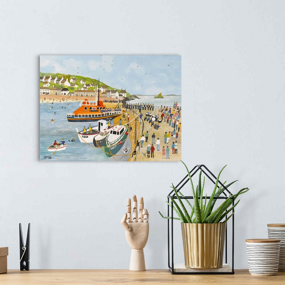 A bohemian room featuring Contemporary artwork of a harbor town scene.