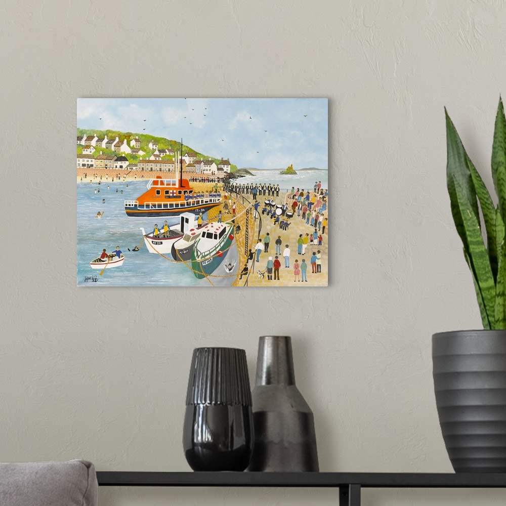 A modern room featuring Contemporary artwork of a harbor town scene.