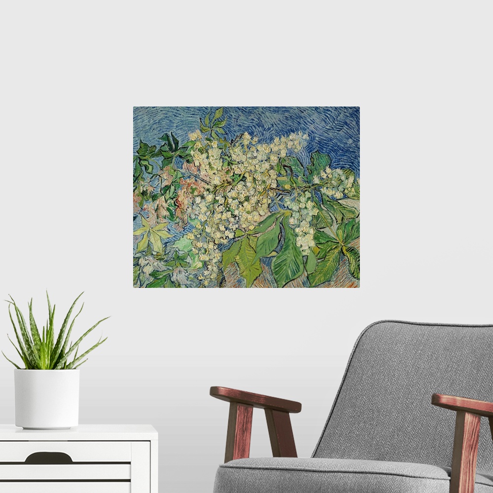 A modern room featuring This large artwork piece is of small white flowers and different shaped green leaves with various...