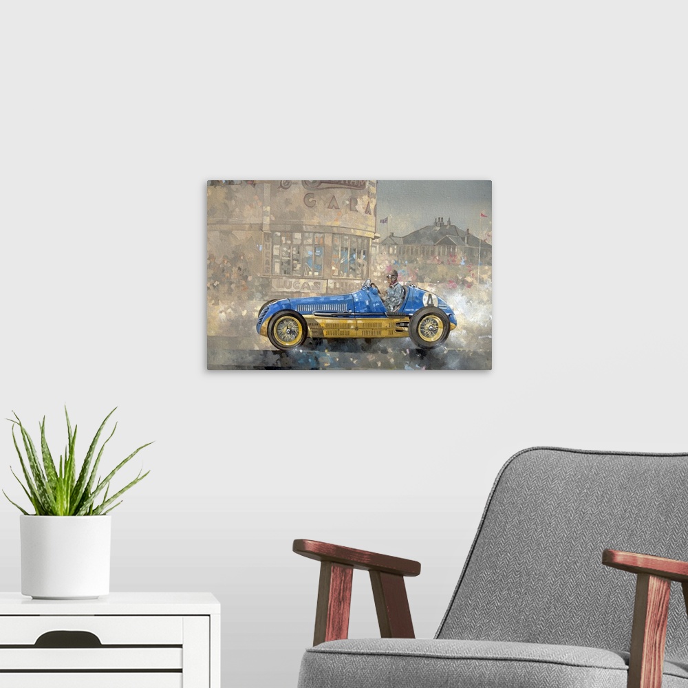 A modern room featuring Contemporary oil painting of a race car driver in a vintage Maserati against a softened background.