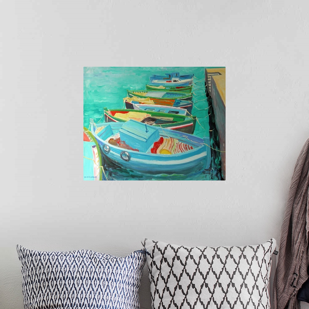 A bohemian room featuring Large contemporary art focuses on a set of multicolored rowboats sitting docked in a harbor while...