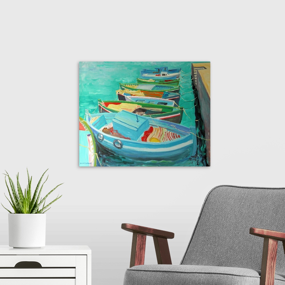 A modern room featuring Large contemporary art focuses on a set of multicolored rowboats sitting docked in a harbor while...