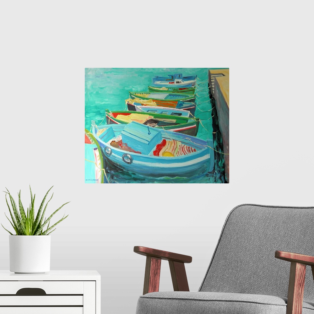 A modern room featuring Large contemporary art focuses on a set of multicolored rowboats sitting docked in a harbor while...
