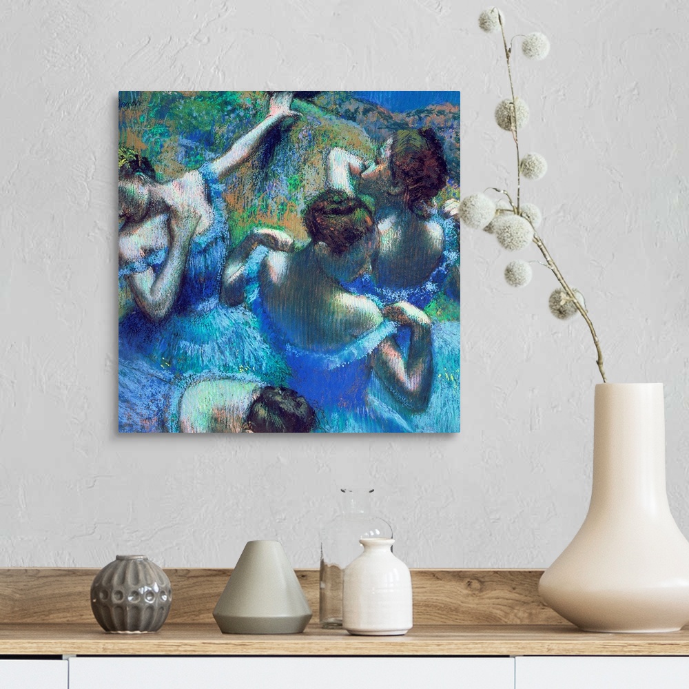 A farmhouse room featuring A pastel drawing reproduced on large wall art, this artwork of ballet dancers was created by an I...