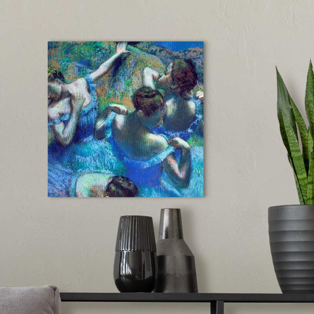 A modern room featuring A pastel drawing reproduced on large wall art, this artwork of ballet dancers was created by an I...