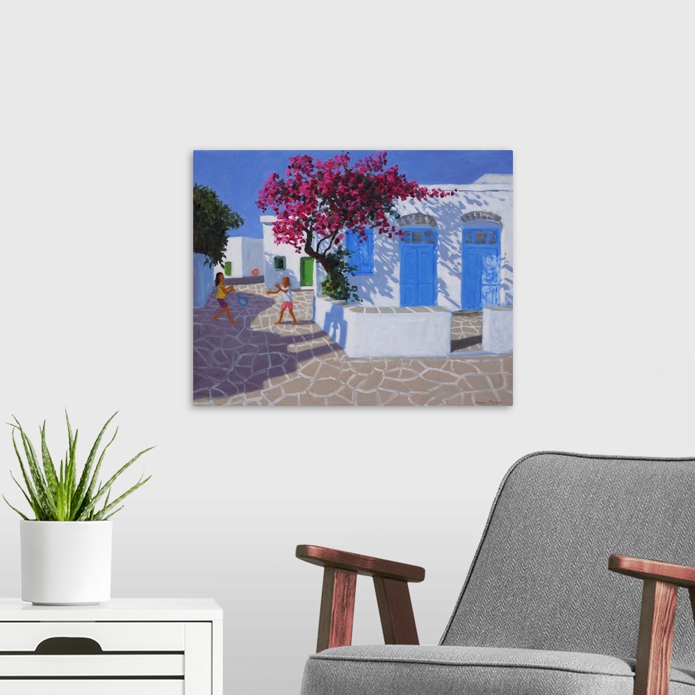 A modern room featuring Blue doors, Folygandros, Greek Islands, 2017, (originally oil on canvas) by Macara, Andrew