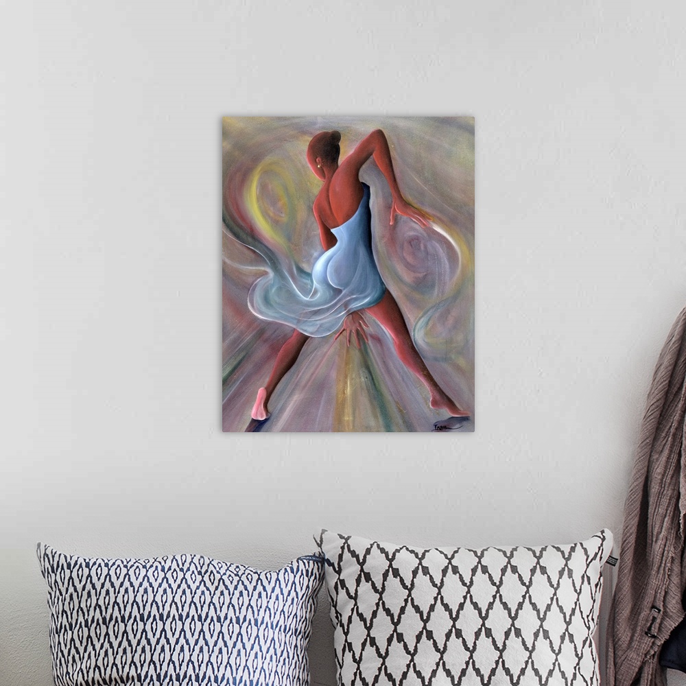A bohemian room featuring Giclee print of an oil painting of an African-American woman dancing and surrounded by swirls of ...