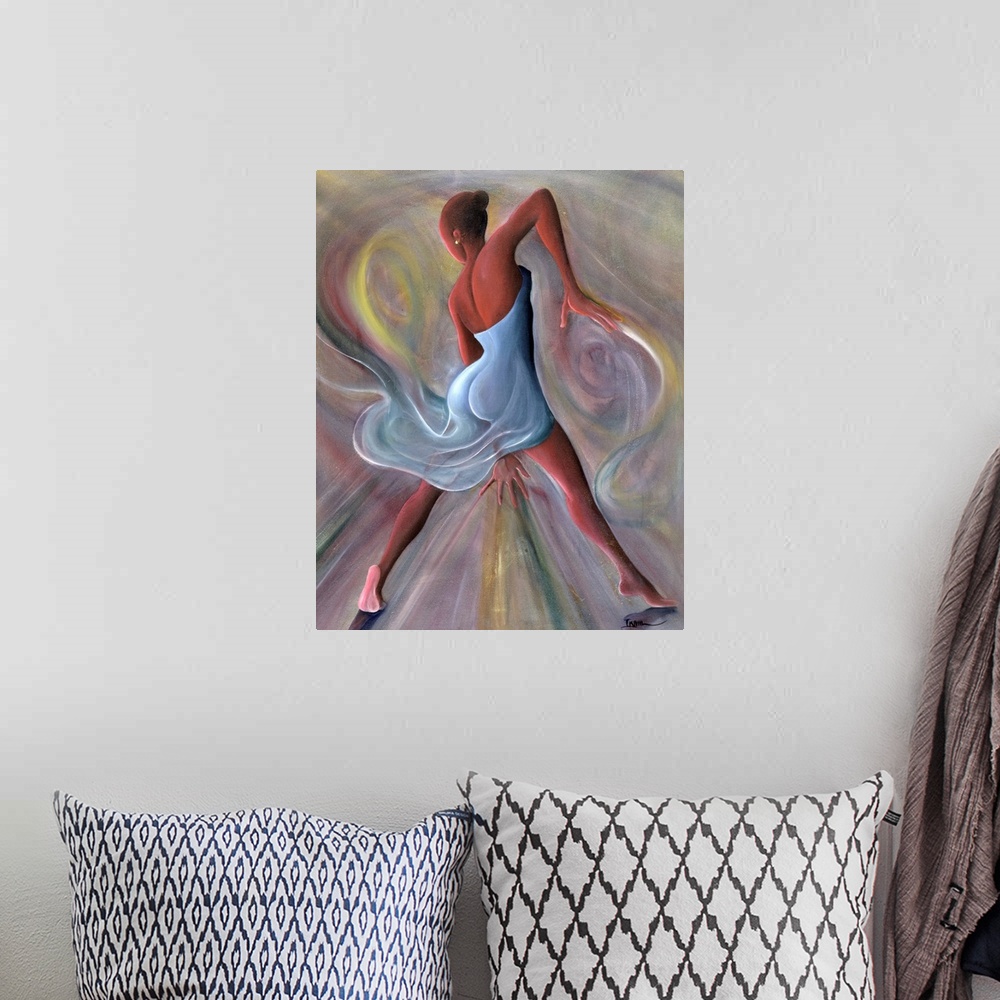 A bohemian room featuring Giclee print of an oil painting of an African-American woman dancing and surrounded by swirls of ...