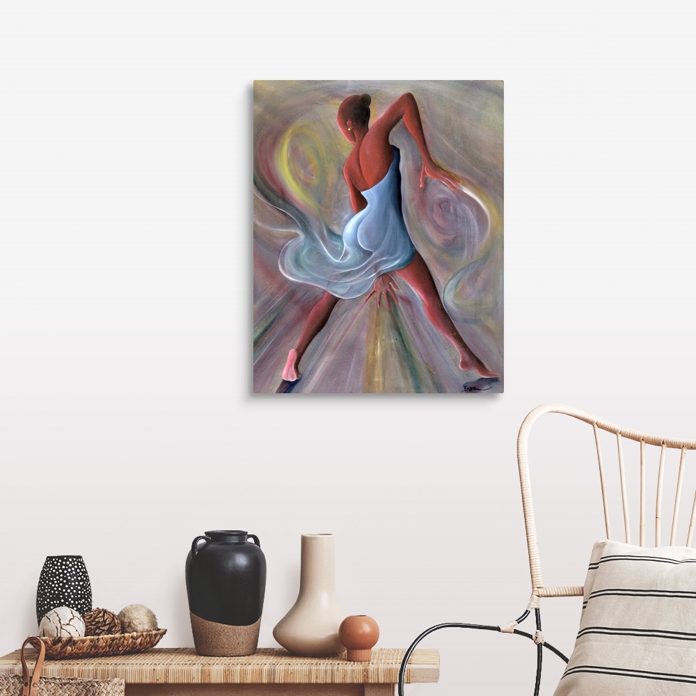 A farmhouse room featuring Giclee print of an oil painting of an African-American woman dancing and surrounded by swirls of ...