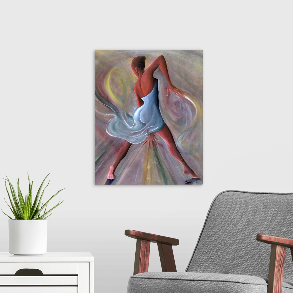 A modern room featuring Giclee print of an oil painting of an African-American woman dancing and surrounded by swirls of ...
