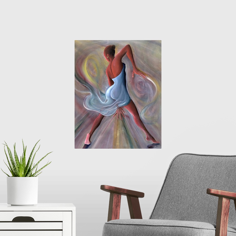 A modern room featuring Giclee print of an oil painting of an African-American woman dancing and surrounded by swirls of ...