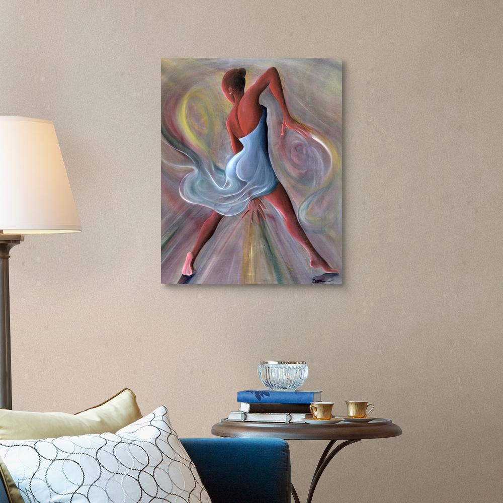 A traditional room featuring Giclee print of an oil painting of an African-American woman dancing and surrounded by swirls of ...