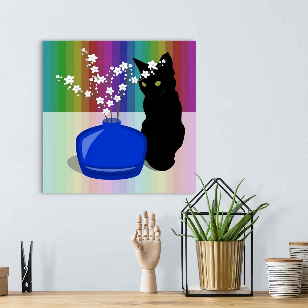 A bohemian room featuring Blue Glass Vase With Blossom And Black Cat