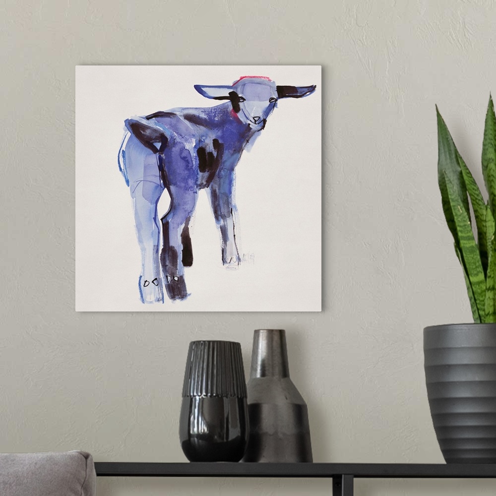 A modern room featuring Contemporary painting of a young goat.