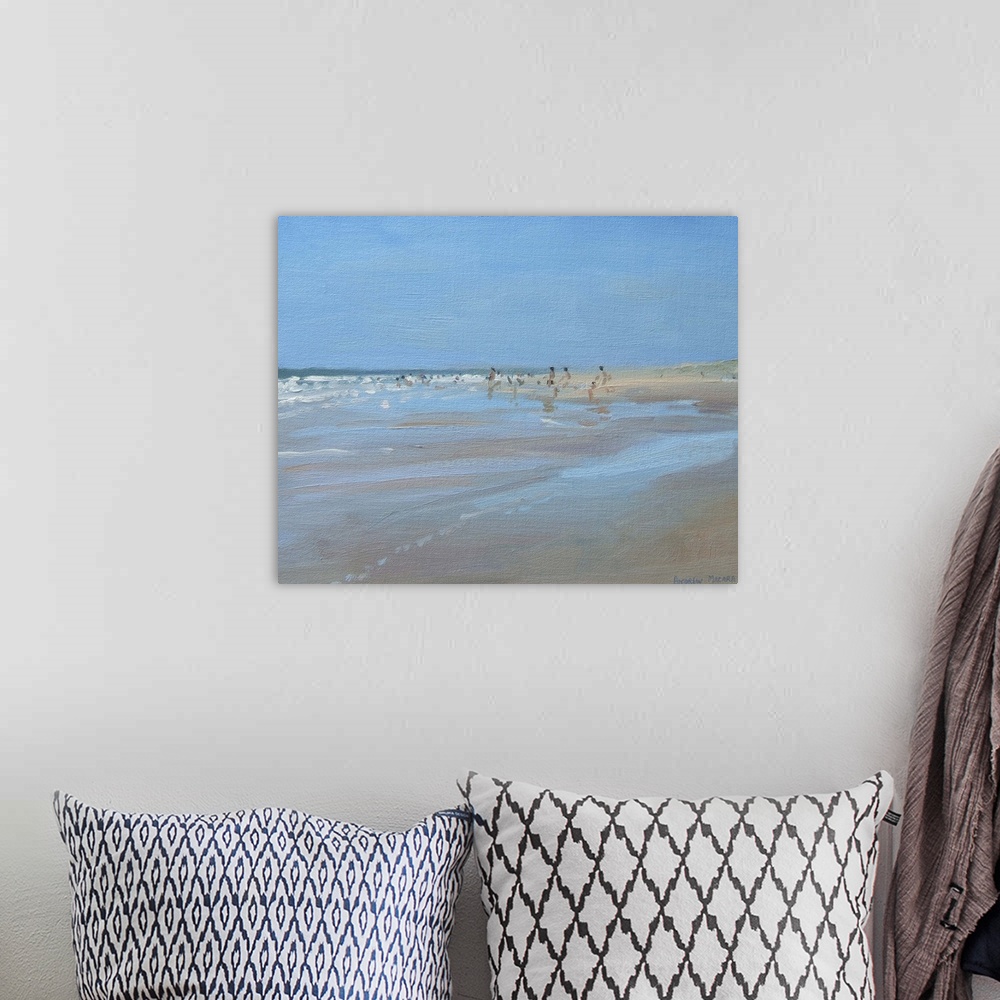 A bohemian room featuring Contemporary painting of people at the beach at low tide.