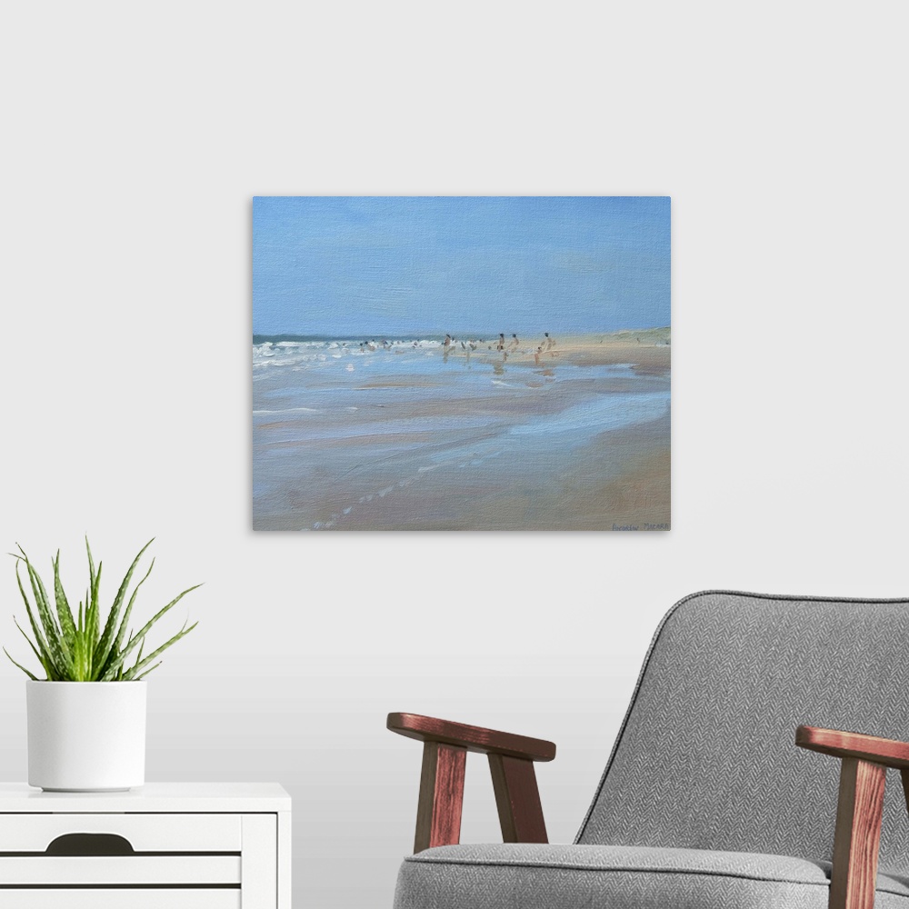 A modern room featuring Contemporary painting of people at the beach at low tide.