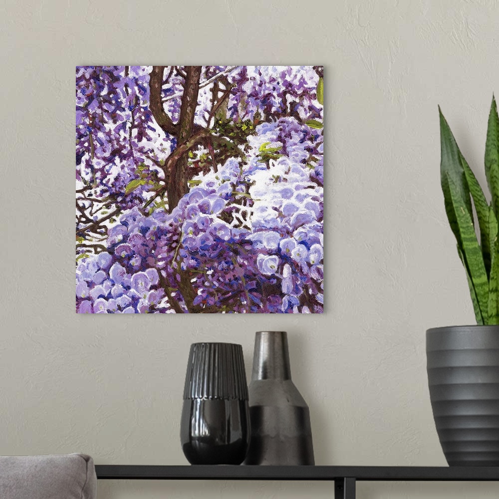 A modern room featuring Contemporary painting of a flowering blue wisteria tree.
