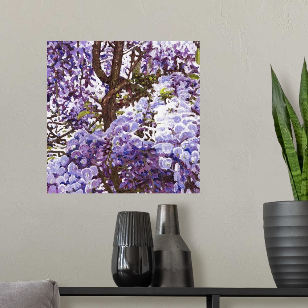 A modern room featuring Contemporary painting of a flowering blue wisteria tree.