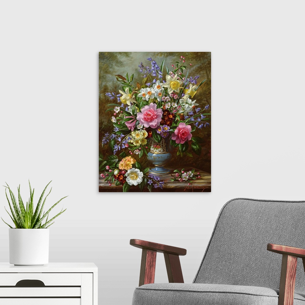 A modern room featuring Bluebells, daffodils, primroses and peonies in a blue vase
