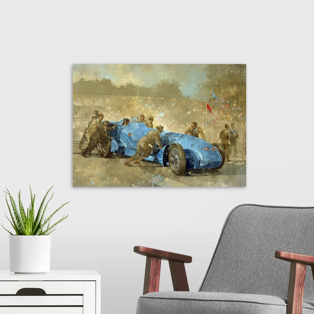 A modern room featuring Decorative wall art for a petrolhead this horizontal painting shows a scene with an early race ca...
