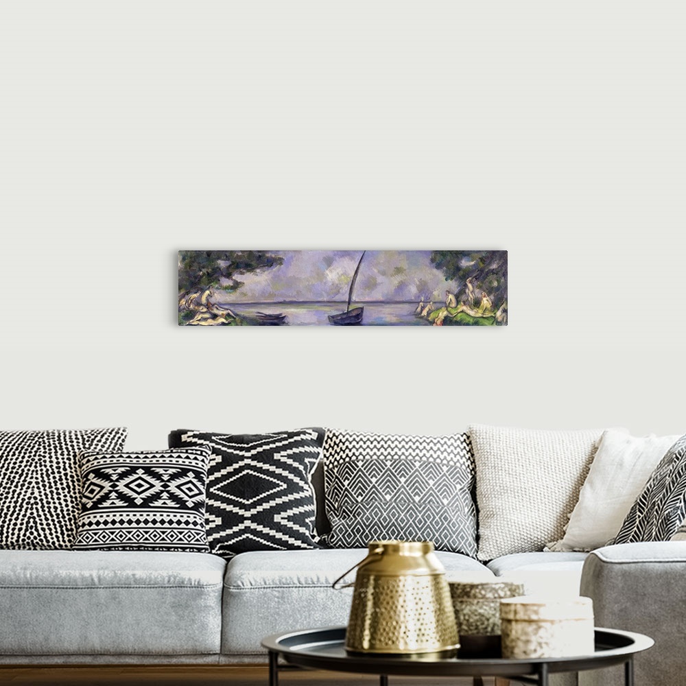 A bohemian room featuring A piece of classic artwork with boats sitting in the water and people sitting on the ground besid...