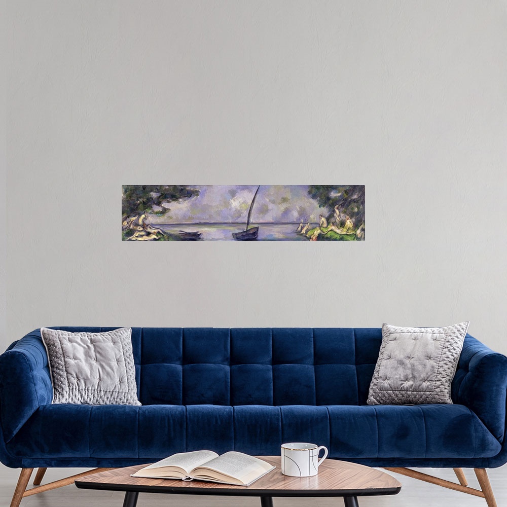 A modern room featuring A piece of classic artwork with boats sitting in the water and people sitting on the ground besid...
