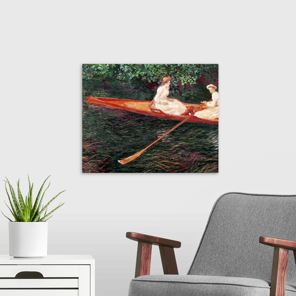 A modern room featuring Classic painting of two woman sitting in a row boat on a river.