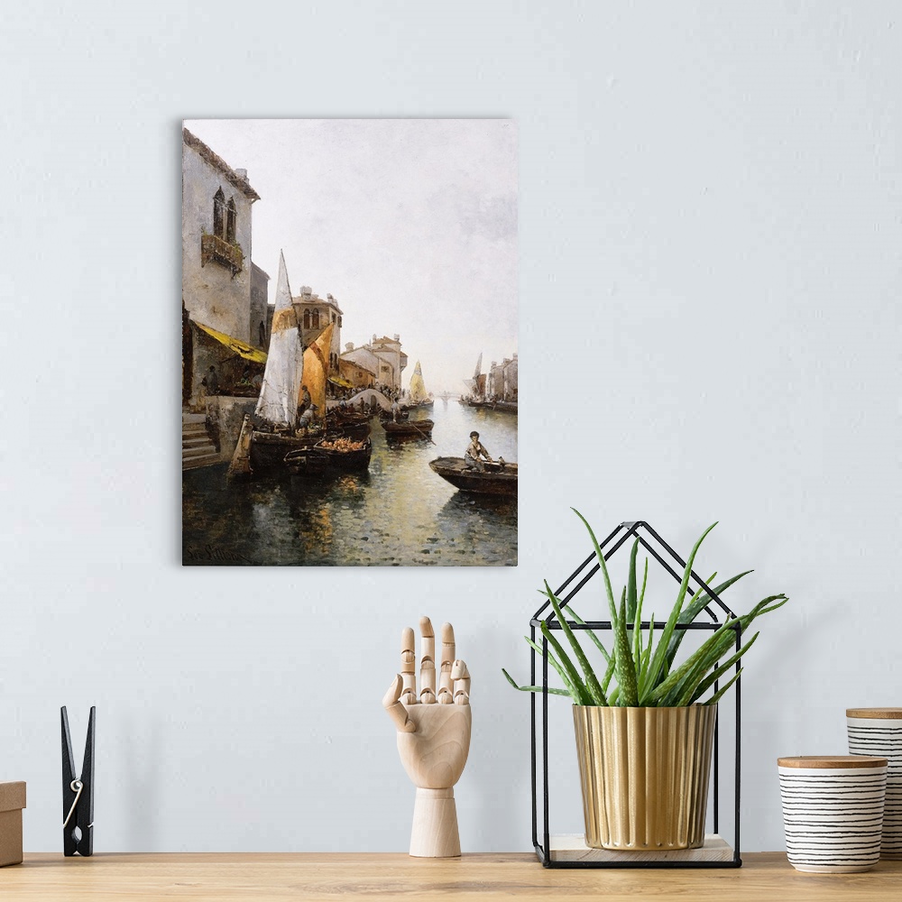 A bohemian room featuring Boats on the Canal (oil on canvas)