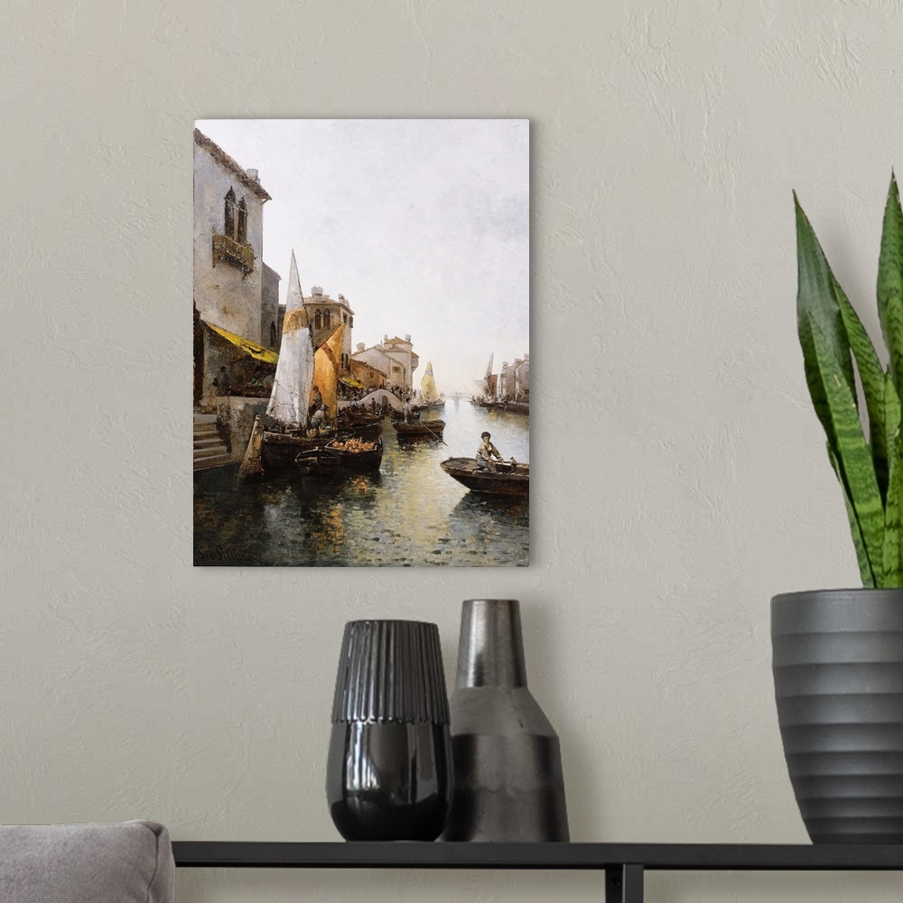 A modern room featuring Boats on the Canal (oil on canvas)