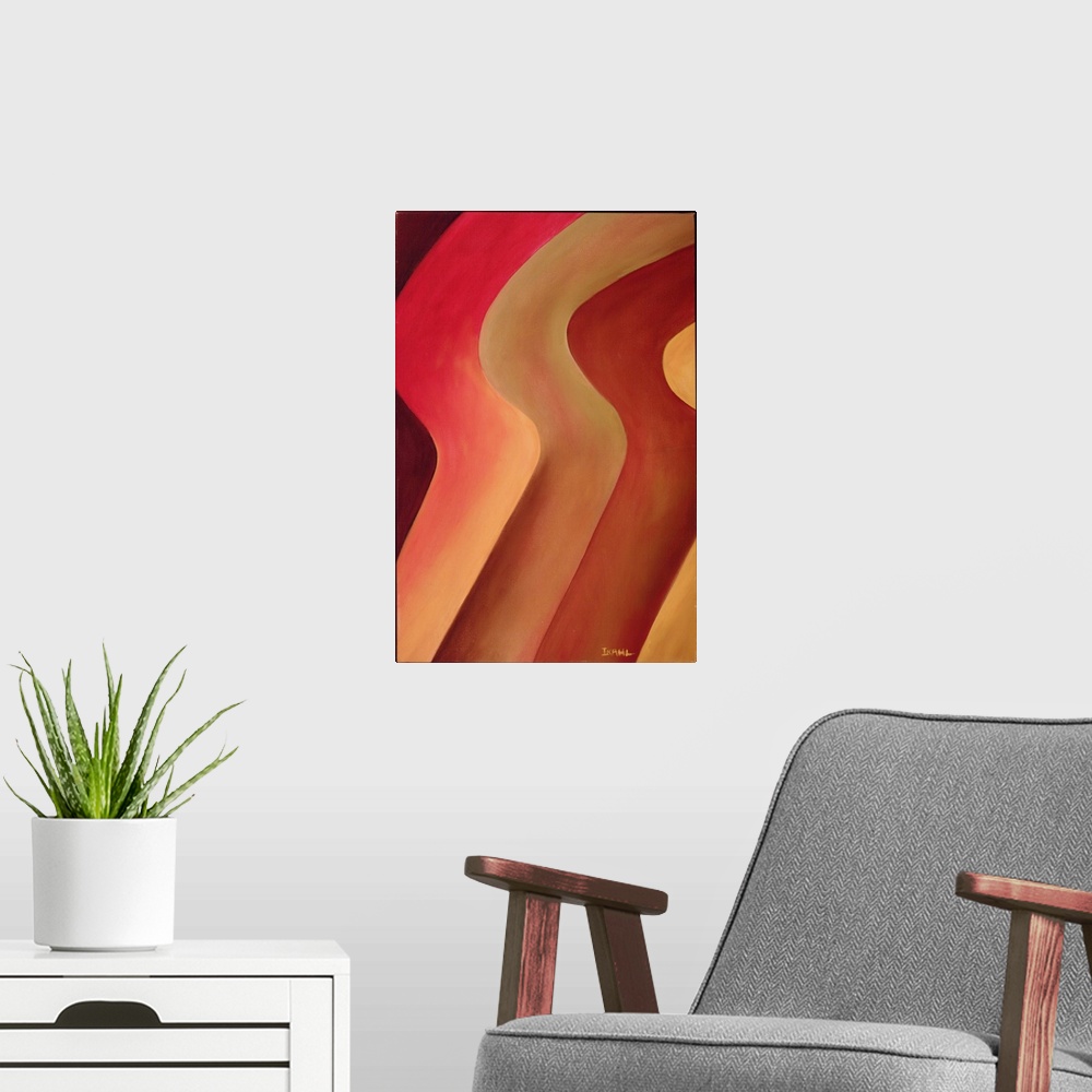 A modern room featuring Large abstract art composed of thick diagonal earth toned lines that incorporate a single ripple ...