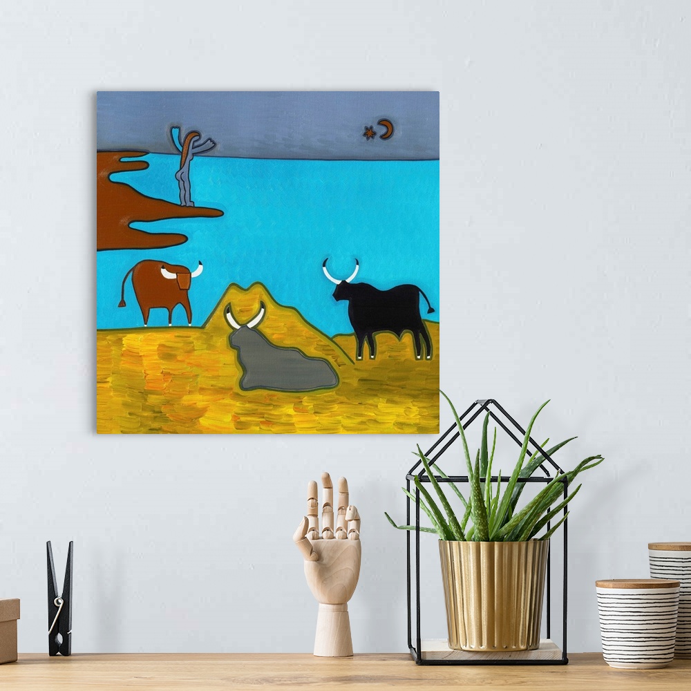 A bohemian room featuring Contemporary painting of three bulls on the shore.