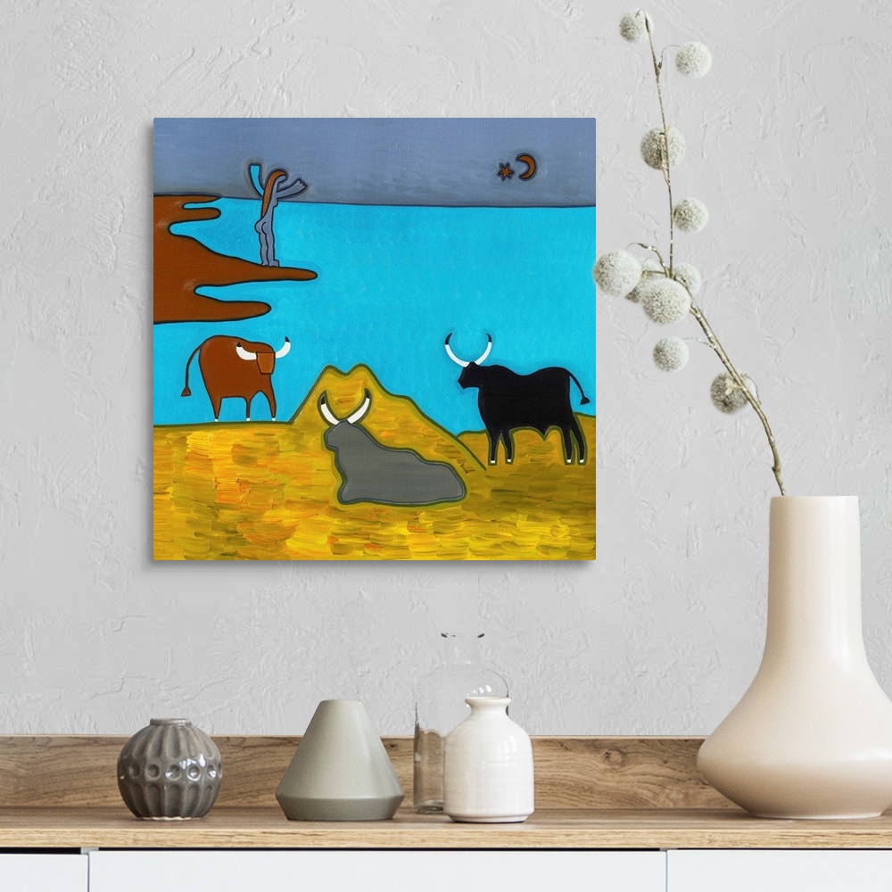 A farmhouse room featuring Contemporary painting of three bulls on the shore.