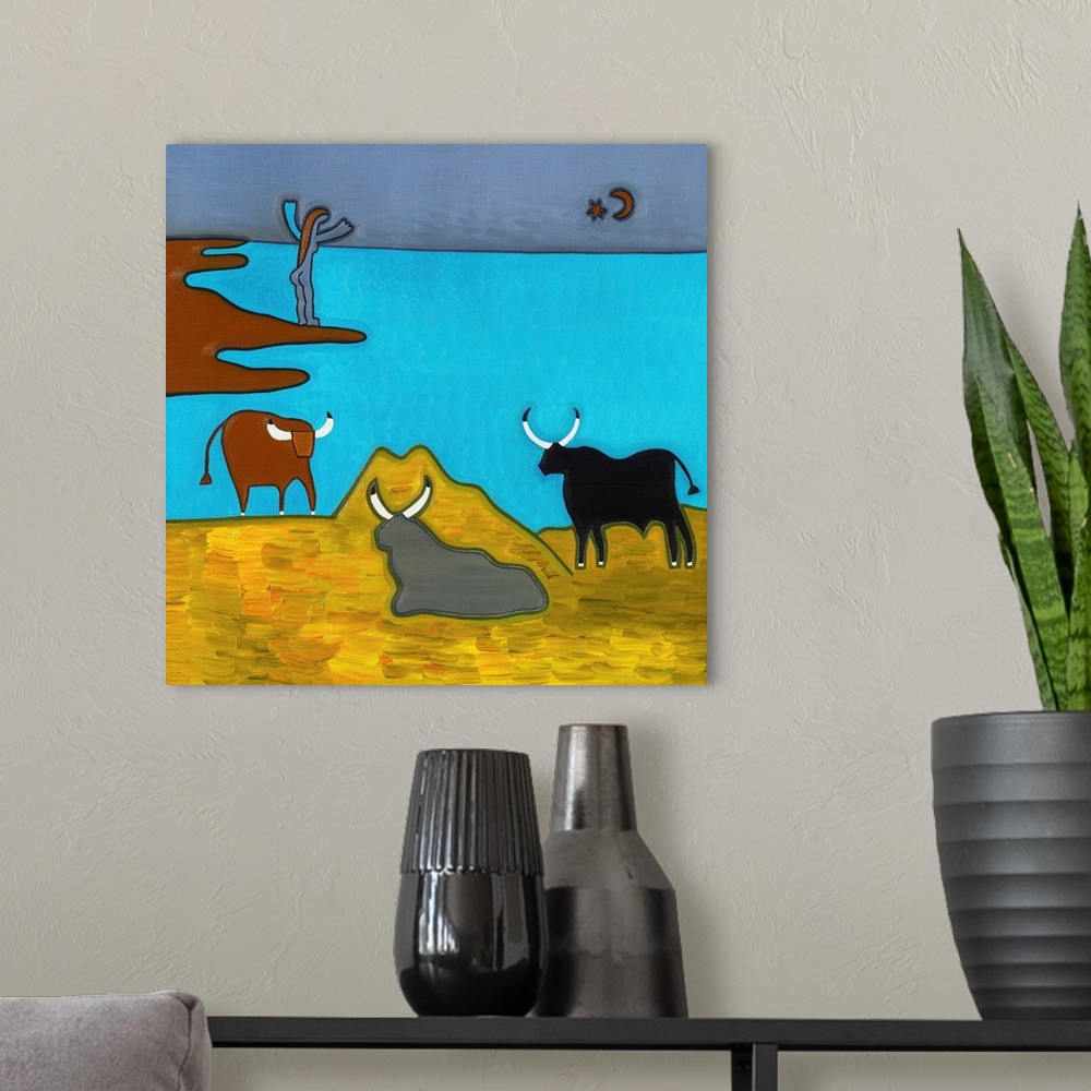 A modern room featuring Contemporary painting of three bulls on the shore.
