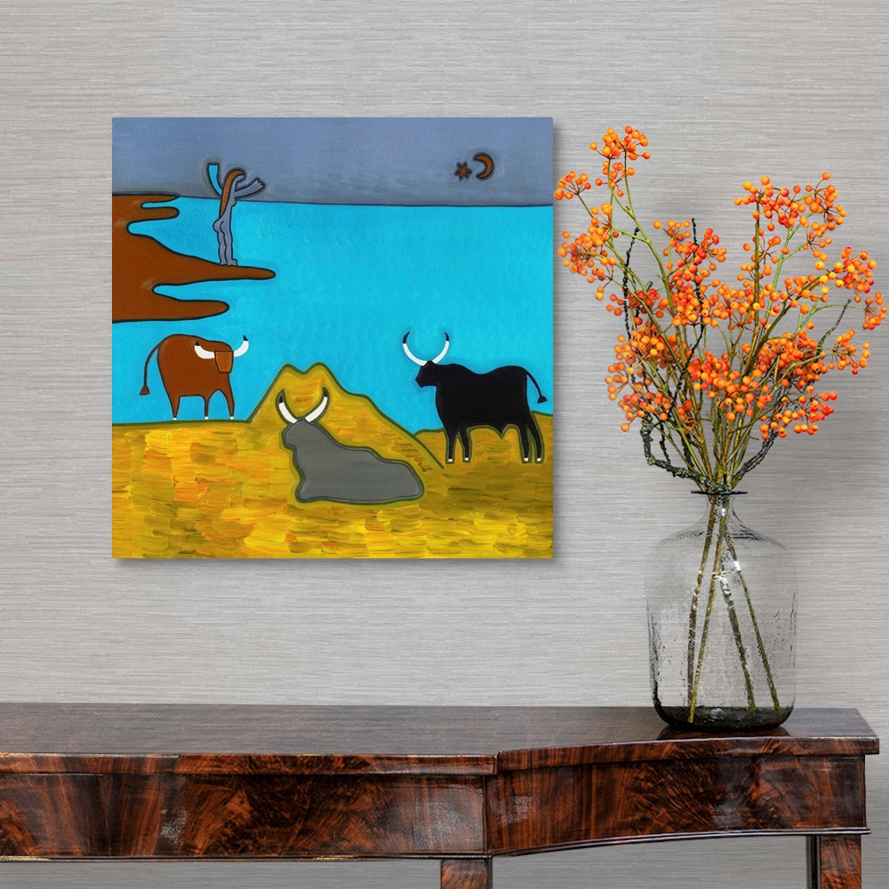 A traditional room featuring Contemporary painting of three bulls on the shore.