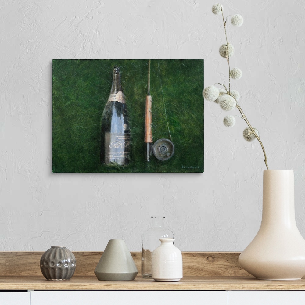 A farmhouse room featuring Contemporary painting of a wine bottle and the handle of a fishing rod.