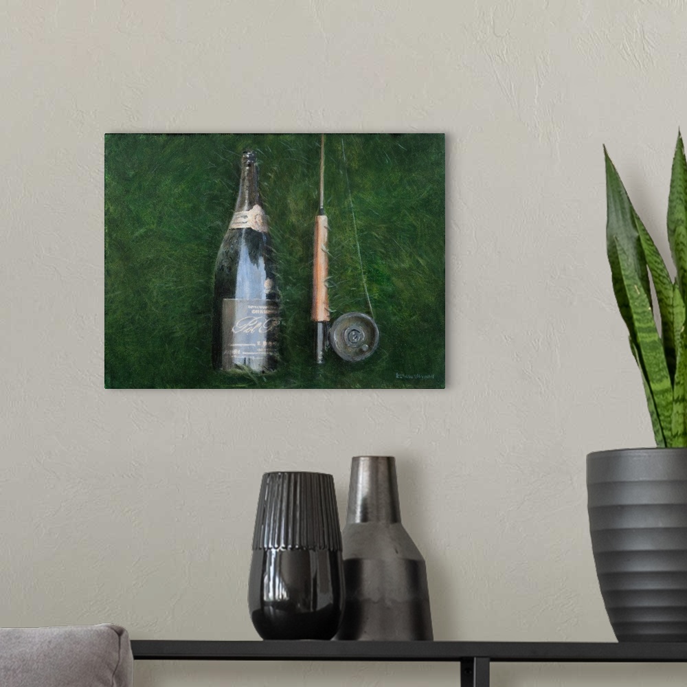 A modern room featuring Contemporary painting of a wine bottle and the handle of a fishing rod.