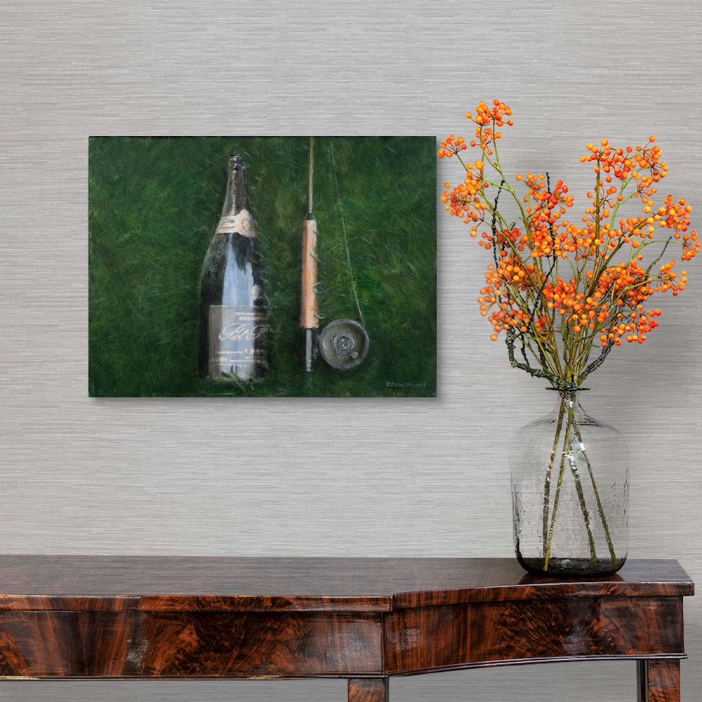 A traditional room featuring Contemporary painting of a wine bottle and the handle of a fishing rod.
