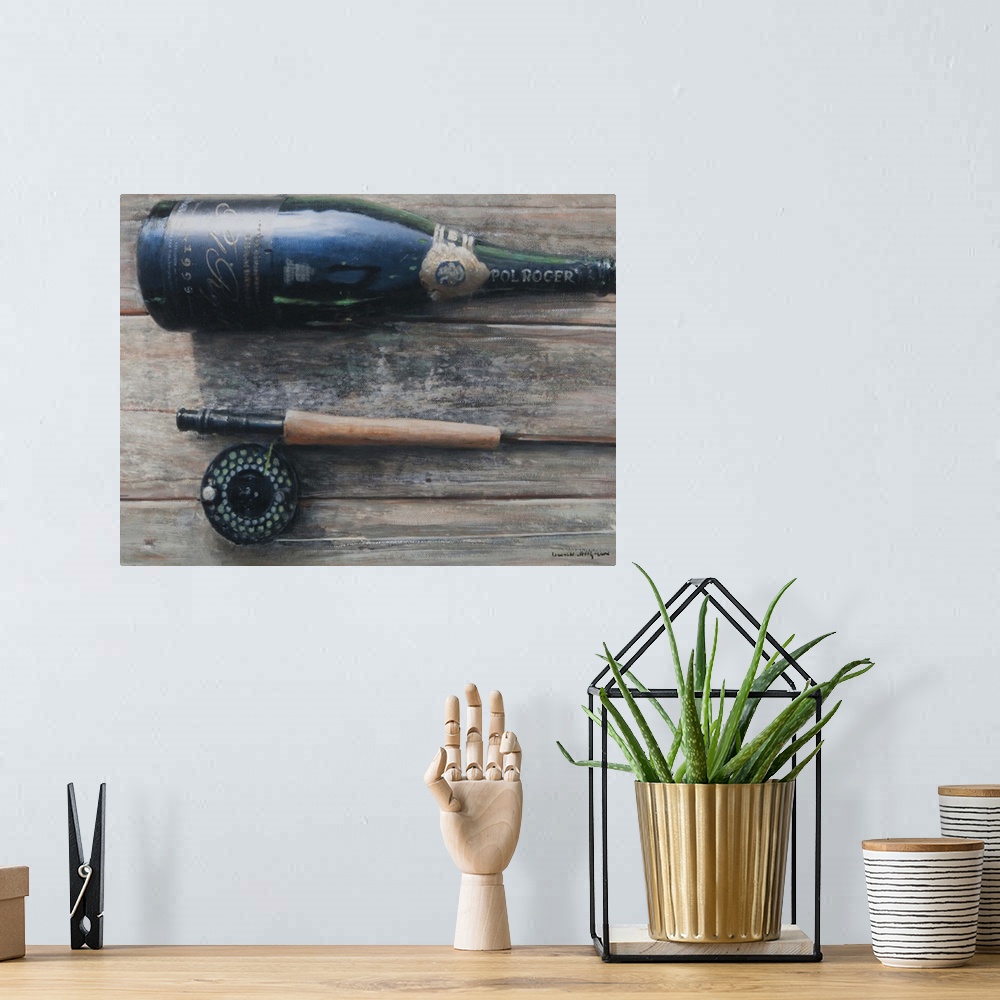 A bohemian room featuring Contemporary painting of a wine bottle and the handle of a fishing rod.